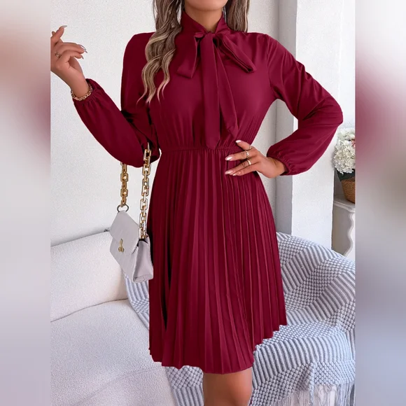 Women's Wine Tie Neck Balloon Sleeve Pleated Dress - Picture 2 of 4